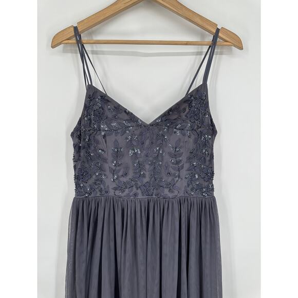 BHLDN Elowen Maxi Dress V Neck Floral Sequin Beaded Tulle Long Formal Gown Steel - Picture 3 of 13